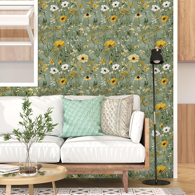 Vintage Green Yellow Daisy Floral Botanical Wallpaper 17.5"x393" | Self Adhesive/Removable/Waterproof/Thick Vinyl Contact Paper for Bathroom Bedroom Shelf Cabinet Drawer,Prepasted,Easy Peel