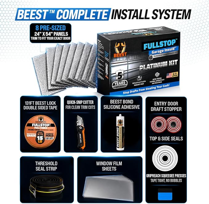 BEEST FULLSTOP Platinum Garage Door Insulation Kit - 9x8 & 8x8 ft Single Garage Door Insulation Panels w/ Threshold Seal, 8 Pre-Cut 24x54”, Window Films, Entry Draft Stoppers and Top & Side Seals