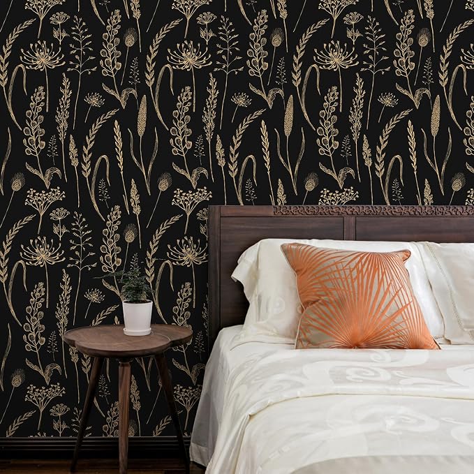 JiffDiff Peel and Stick Wallpaper Black Farmhouse Vintage Contact Paper Wheat Meadow Removable Self Adhesive Wallpaper Black and Gold (14.2 sq.ft)