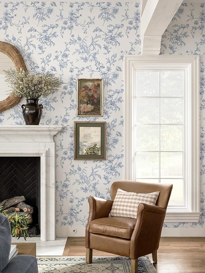 Ismoon Peel and Stick Wallpaper Floral Vintage Stick on Wall Paper Blue and White Contact Paper for Cabinet French Textured Removable Self Adhesive Wallpaper Vinyl for Bedroom Wall Deco 17.3 x 78.7in