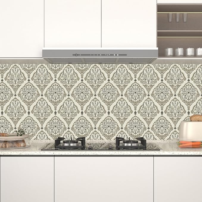 Vintage Khaki Floral Botanical Symmetrical Wallpaper 17.5" x 393" | Self Adhesive/Removable/Waterproof/Thick Vinyl Contact Paper for Bathroom Bedroom Shelf Cabinet Drawer,Prepasted,Easy Peel