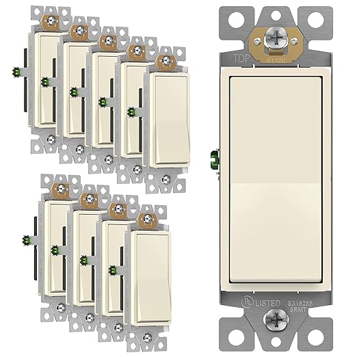 ENERLITES Decorator Paddle Rocker Light Switch, Gloss Finish, Single Pole, 3 Wire, Grounding Screw, Residential Grade,15A 120V/277V, UL Listed, 91150-LA-10PCS, Light Almond (10 Pack)