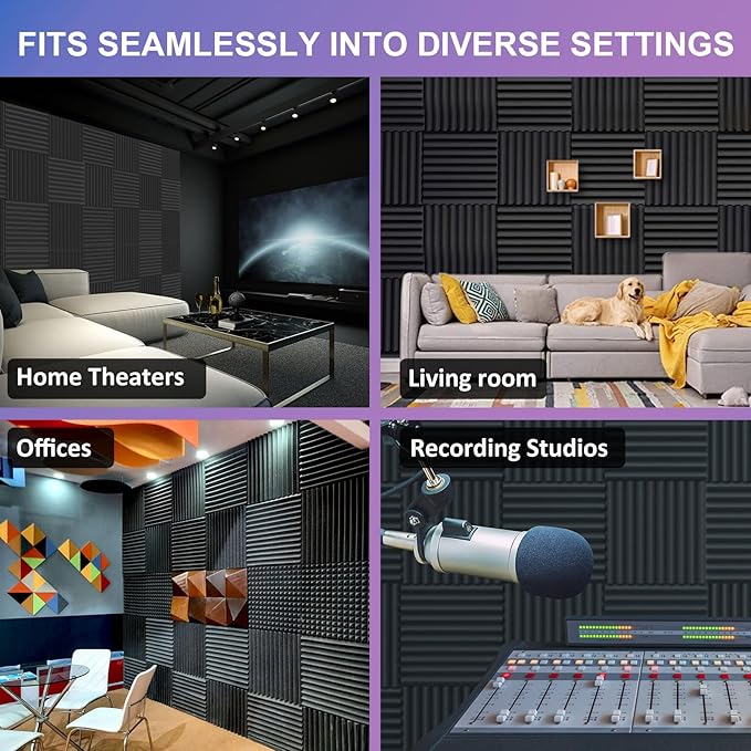 JBER 12 Pack Acoustic Foam Panels, 1" X 12" X 12" Sound Proof Foam Panels for Walls, High Desnsity Studio Soundproofing Wedges - Fire Resistant & Noise Absorbing for Studio, Office, Home (Black)