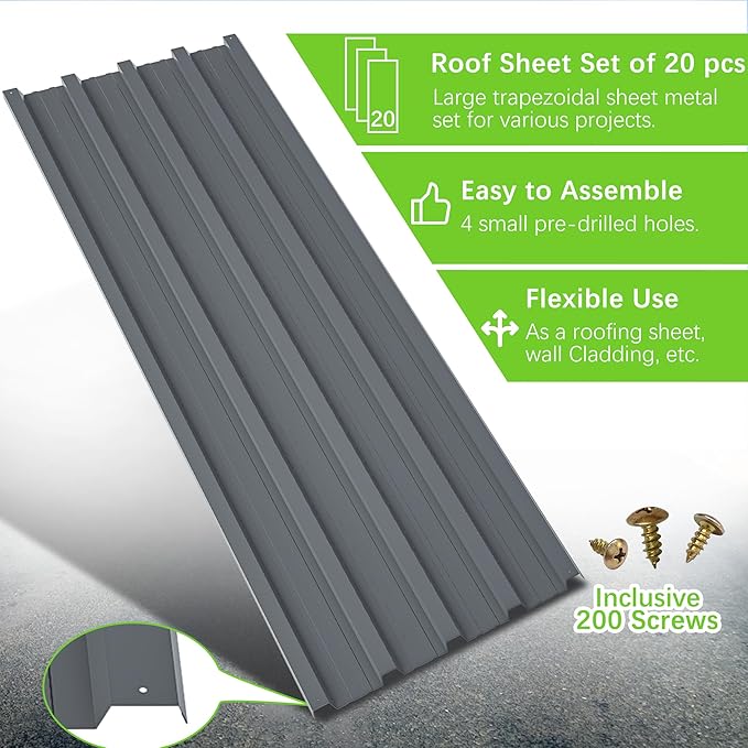 Metal Roof Panels 20 pcs 99 ft² Gray Galvanized Steel Panels Metal Corrugated Tin Roofing Panels Gazebo Top Cover Heavy Duty Gray Roof Suitable for Garages,Sheds, Stables and Mobile Homes