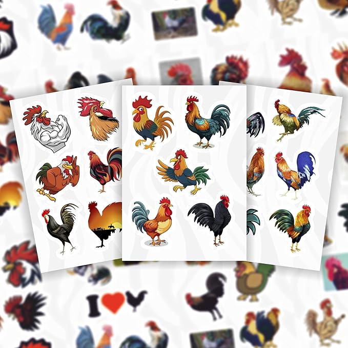 BulbaCraft 100Pcs Rooster Stickers for Water Bottle and Laptop - Rooster Party Supplies & Decorations, Waterproof Vinyl Decals, Cute Animal and Farm Stickers, Gifts for Women & Men
