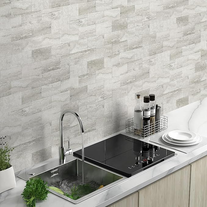 Vamos Tile 4-Piece Matt Beige Mixed Grey Slate Peel and Stick Backsplash Seamless Tile,3''x6'' PVC Subway Tile,Stick on Backsplash for Kitchen/Bathroom/Laundry Room