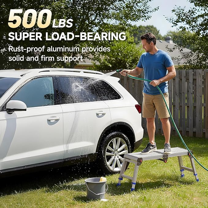 Loyoda Adjustable Folding Work Platform 500 lbs - Lightweight Aluminum Step Stool Ladder for Washing Vehicles, Cleaning, Painting, Reaching High Items | Standard Size 33" x 12" x 19.5”