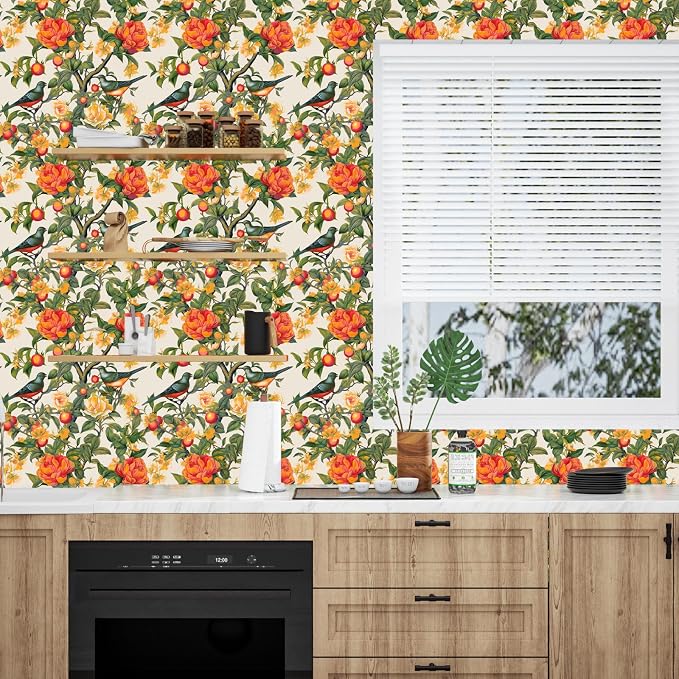 Danodoi Orange Vintage Bird and Stick Wallpaper 17.5" x 393" | Waterproof Vinyl Self Adhesive Removable Renter Friendly Floral Contact Paper