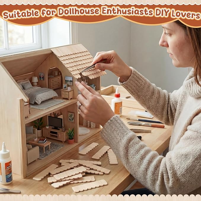 Wenqik 100 Strips Dollhouse Roof Shingles 4.25 x 1.14 Inches Each Mini Fish Scale Wooden Dollhouse Miniature Roofing for 1: 12 Scale Doll House Projects DIY Miniature Landscapes (Natural Wood)