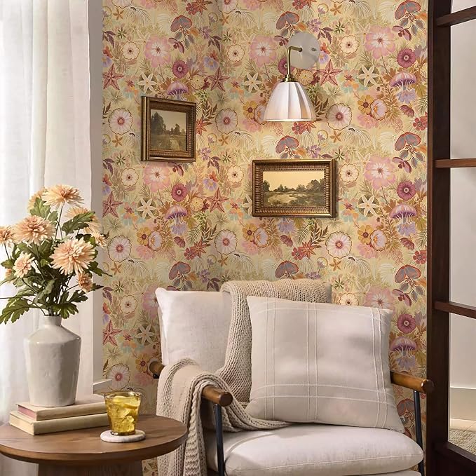 Ismoon Vintage Floral Peel and Stick Wallpaper Deep Beige Contact Paper Jellyfish Starfish Stick on Wall Paper Removable Self Adhesive Vinyl Wallpaper for Bedroom Wall Cabinet Decor 17.3x393in