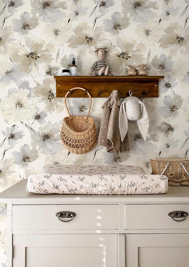Floral Peel and Stick Wallpaper, Beige Yellow Watercolor Flower Contact Paper Peel and Stick for Bedroom Bathroom, Vintage Removable Waterproof Self Adhesive Wall Paper 118 x 17.3in, 14.4 sq.ft