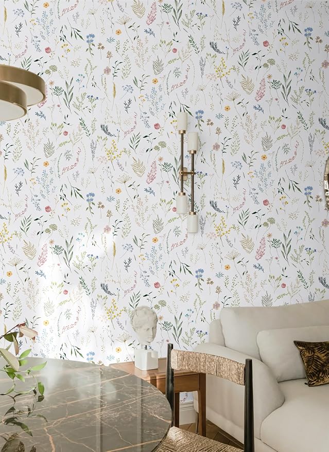 Dimoon 236"x16.1" Floral Peel and Stick Wallpaper White Contact Paper Thicken Wallpaper Delicate Flower Waterproof Green Leaf White Self Adhesive Removable Wall Paper Shelf Liner Vinyl Roll