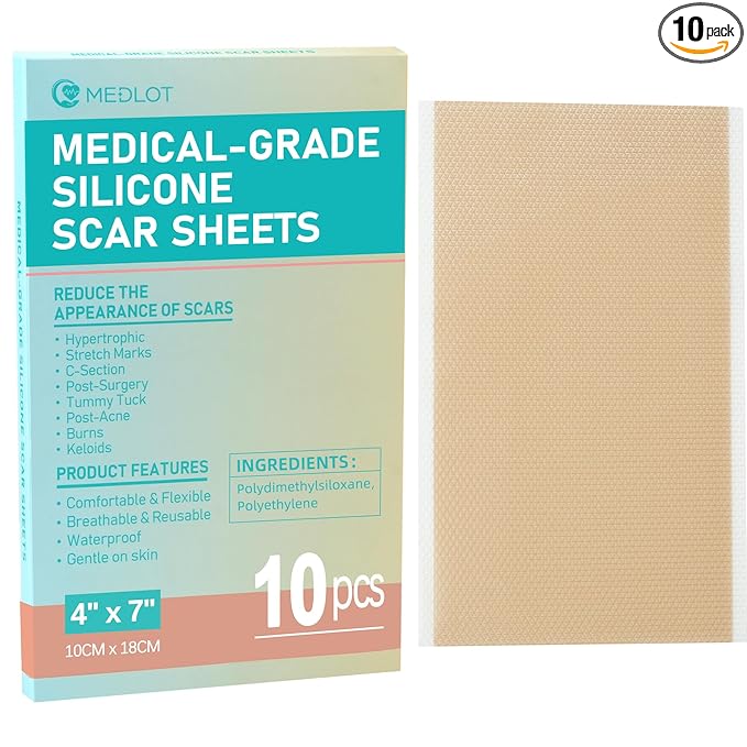 Silicone Scar Sheets, Large 10Pcs 4” x 7” Each, Medical Silicone Tape for Scar Treatment, Scar Patches for C-Section, Keloid Bump, Stretch Marks, Burn, Acne, Surgical Scar Removal