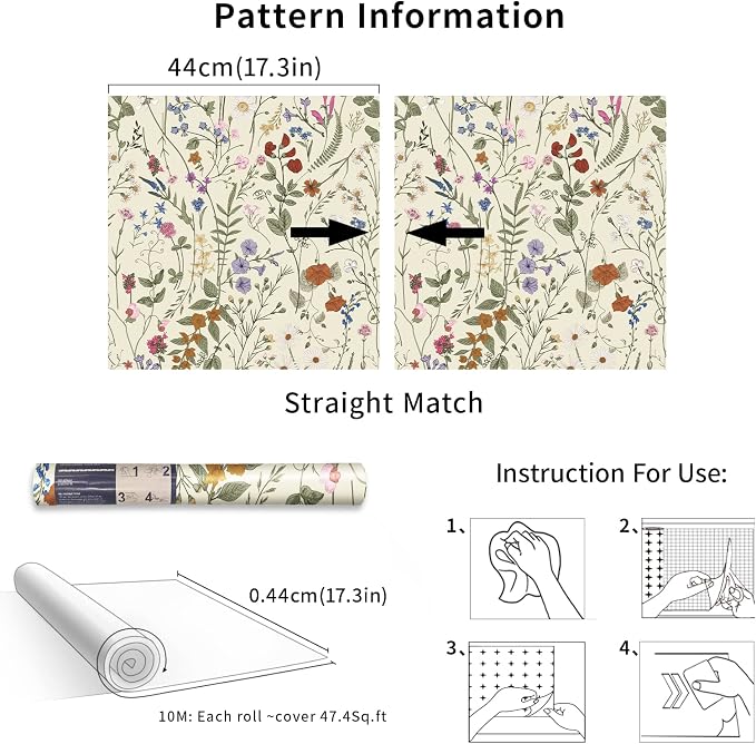 Wallpaper Self-Adhesive Blooming Vintage Colourful Flowers Wall Paper for Bedroom Living Room Cabinet, Peel and Stick Beige Sketch Little Flowers Wallpaper Mural 47.36 sq. feet (393.7"x17.3")
