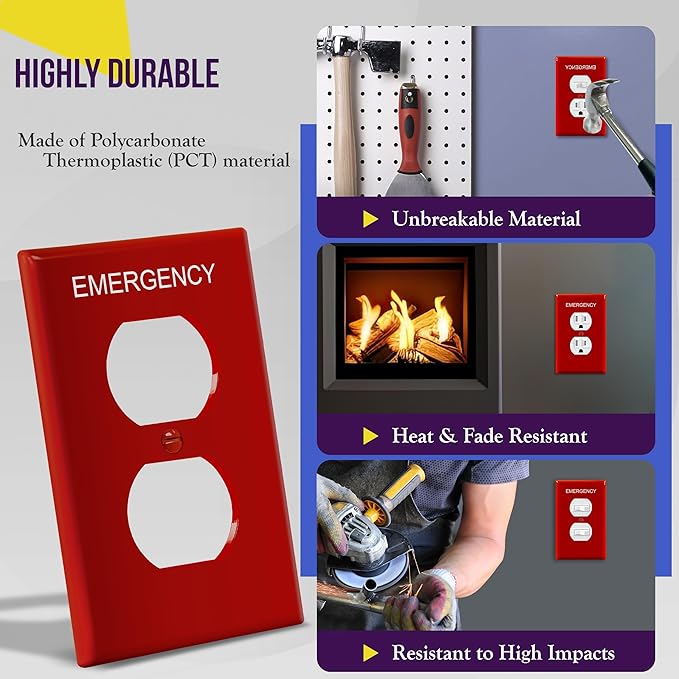 ENERLITES Duplex Receptacle Outlet Wall Plate with Emergency Label, Electrical Outlet Cover, Mid-Size Size 1-Gang 4.88" x 3.11", Unbreakable Polycarbonate Thermoplastic, UL Listed, 8821M-ER, Red