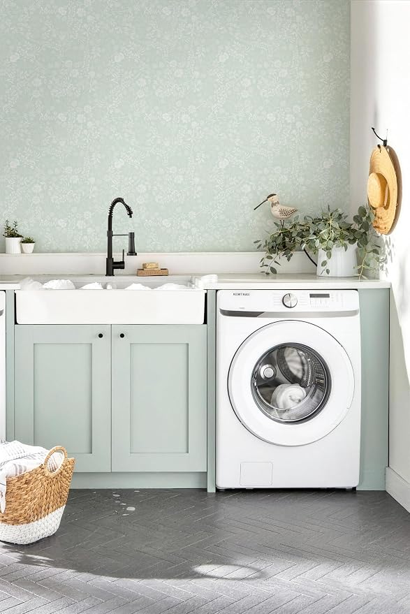 Guvana Sage Green and White Peel and Stick Wallpaper Floral Wallpaper Slef Adhesive Removable Waterproof Contact Paper Boho Wall Paper for Living Room Bathroom Bedroom Kitchen 17.3“×197”