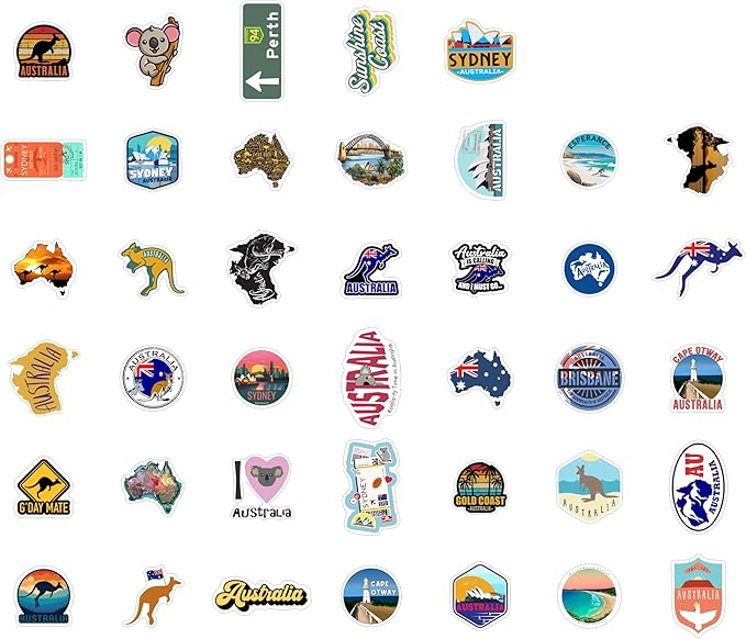 BulbaCraft Australia Stickers for Water Bottle and Laptop - Australia Party Supplies & Decorations, Waterproof Vinyl Decals, Australian Flag and Culture Stickers, Gifts for Women & Men