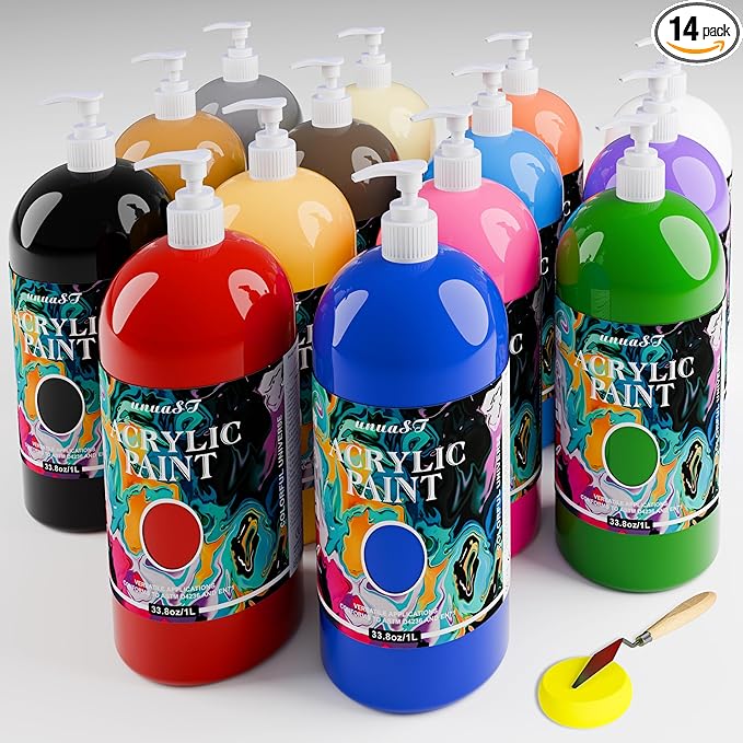 Acrylic Paint Sets for Adults 33.8oz/1000ml, 14 Color Large Bulk Paints kits, 1/4 Gallon Rich Pigment Art Painting Supplies for Artists/Beginners, Acrylic Paint Sets for Canvas with Pump, Color Wheel