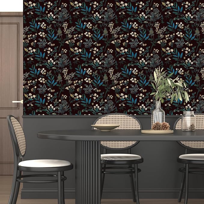 Laatse Vintage Green Wallpaper Peel and Stick Dark Floral Wallpaper 17.5'' x 393'' Green Leaf Contact Paper Vinyl Waterproof Self Adhesive Boho Botanical Wall Paper for Bedroom Cabinet Décor