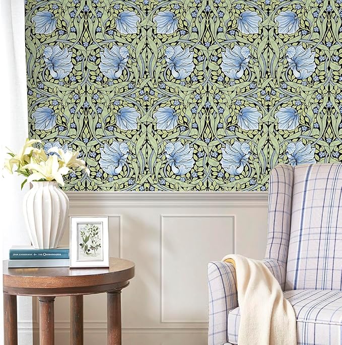 HAOKHOME Vintage Wallpaper Peel and Stick Floral Vine Green/Blue/Black Wall Murals Home Kitchen Bedroom Decor by William Morris 17.3in x 9.8ft