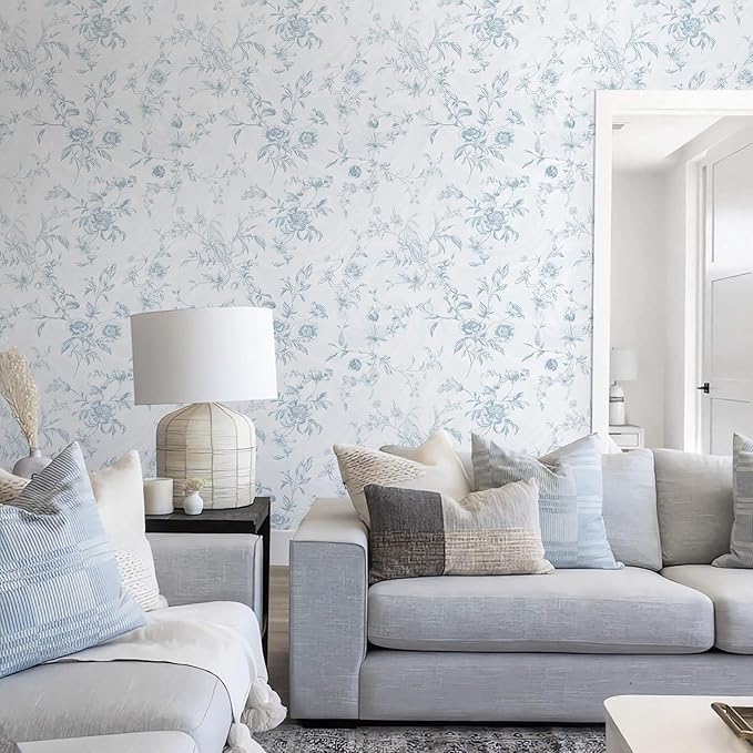 Ismoon Blue Wallpaper Peel and Stick Floral Vintage Stick on Wall Paper French Textured Contact Paper for Cabinet Removable Self Adhesive Wallpaper Vinyl Roll Shelf Deco, 17.3x78.7in