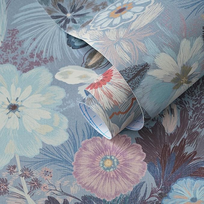 Ismoon Blue Wallpaper Peel and Stick Vintage Floral Contact Paper Jellyfish Ocean Stick on Wall Paper Removable Self Adhesive Vinyl Wallpaper for Bedroom Wall Decor Cabinet 17.3x78.7in