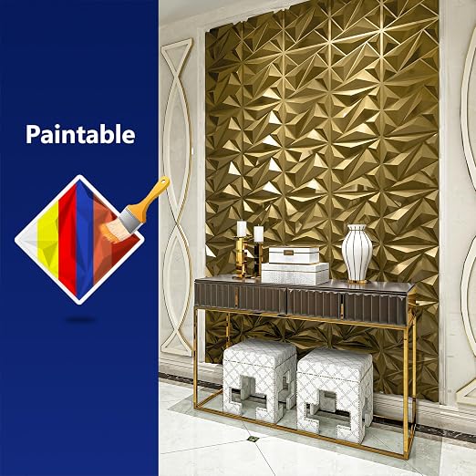 33 Pack 3D Wall Panel Diamond for Interior Wall Décor, PVC Textured Wall Panels, 12''x12'' Cover 32.Sq.Ft. Golden