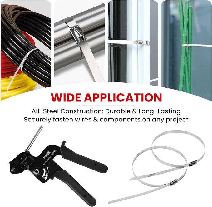 Stainless Steel Cable Tie Gun Set – Heavy Duty Metal Zip Tie Tool Kit with 150PCS Self-Locking Ties, Adjustable Fastening & Cutting Tool for Outdoor Fencing, Exhaust Pipes(Black)