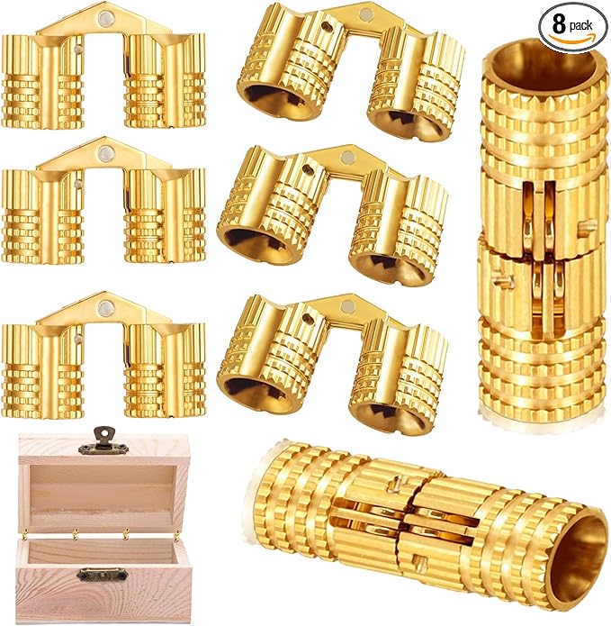 Hidden Brass Barrel Hinges, 8mm, 180 Degree Opening Angle Concealed Furniture Hinges for DIY Jewelry Box Hand Craft, 8-Piece Set with Screws, Gold, 0.71 x 0.31 Inch