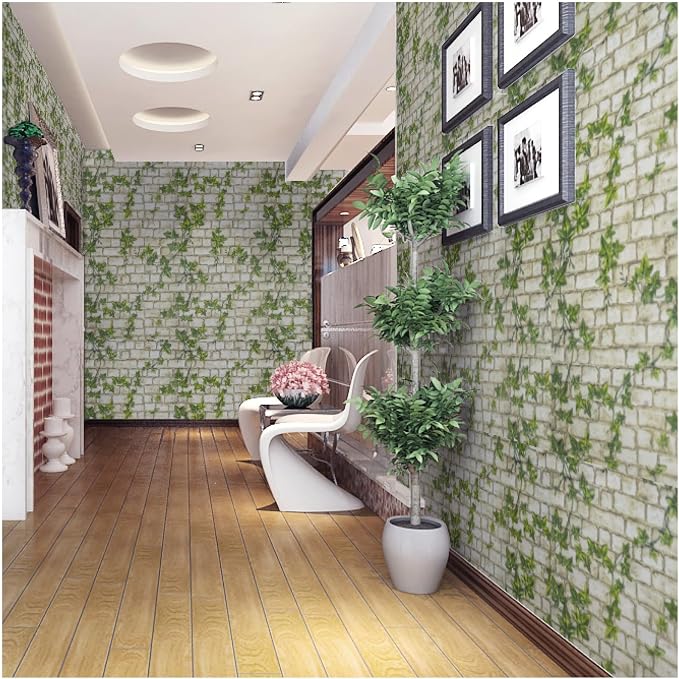 Peel and Stick Wallpaper Brick Wall Paper Green leaves3D BrickStone Self Adhesive Removable Contact Paper Brick Textured Vintage Wallpaper Decorative Wall Classroom Covering15.7 x118