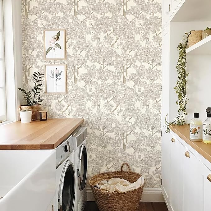 JiffDiff Tree Wallpaper Peel and Stick Jungle Wall Paper Forest Mural Stick on Wallpaper Modern Waterproof Self Adhesive Contact Paper (17.3" x 1200" Cream)