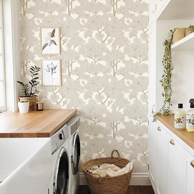 JiffDiff Tree Wallpaper Peel and Stick Jungle Wall Paper Forest Mural Stick on Wallpaper Modern Waterproof Self Adhesive Contact Paper(17.3" x 800" Cream)