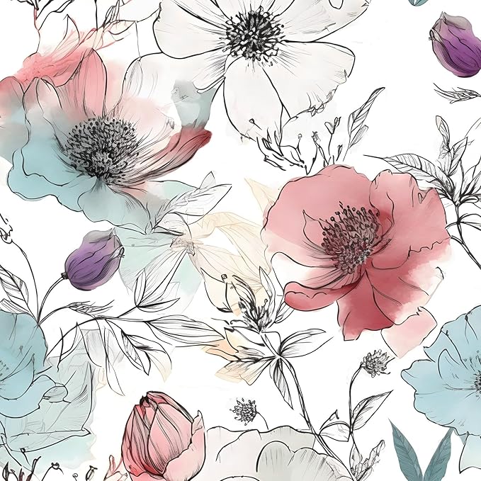 Blue Pink Watercolor Floral Peel and Stick Wallpaper 17.5"x393" | Self Adhesive/Removable/Waterproof/Thick Vinyl Vintage Contact Paper for Bathroom Bedroom Shelf Cabinet Drawer,Prepasted