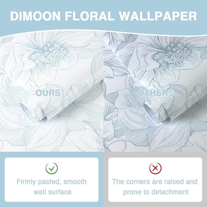 394"x17.3" Peel and Stick Wallpaper Blue Floral Contact Paper Boho White Modern Wallpaper Removable Self Adhesive Wall Paper for Bedroom Bathroom Cabinets Drawers Thicken Vinyl Roll