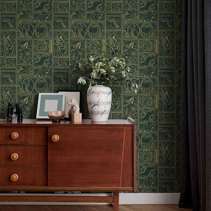 Erfoni 394"x17.7" Vintage Peel and Stick Wallpaper Green and Gold Contact Paper Peel and Stick Removable Animal Pattern Wall Paper DIY Waterproof Self Adhesive Wallpaper for Accent Wall Covering