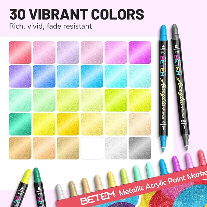 Betem 30 Metallic Dual Tip Acrylic Paint Markers, Fabric Decorating Kits Premium Water-Based Acrylic Paint Pens Art Supplies for Fabric, Rock, Wood, Glass, Canvas, Ceramic, Teacher Appreciation Gift