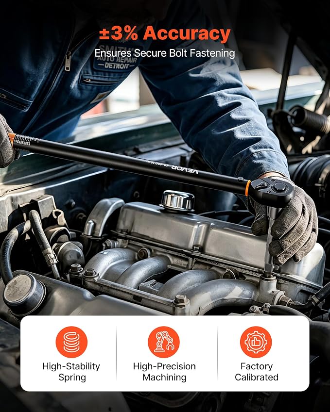 VEVOR Torque Wrench 1/2-inch Drive Click Torque Wrench ±3% High Precision, 29.4-294.1 lbf-ft / 40-400 N.m, Dual Scale Readings, with Extension Bar, Adapter and Storage Case, for Automotive Repair