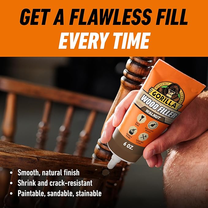 Gorilla All Purpose Wood Filler, Walnut Color, 6 Ounce Tube (Pack of 2) - Water Resistant for Indoor or Outdoor Projects and Repairs