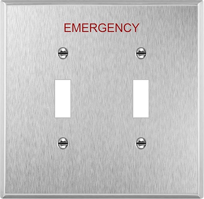 ENERLITES Toggle Light Switch Metal Cover Plate with Emergency Label, Stainless Steel Wall Plate, Corrosion Resistant, Mid-Size 2-Gang 4.88" x 4.92", 430 Stainless Steel, 7712M-E, Silver (Pack of 1)