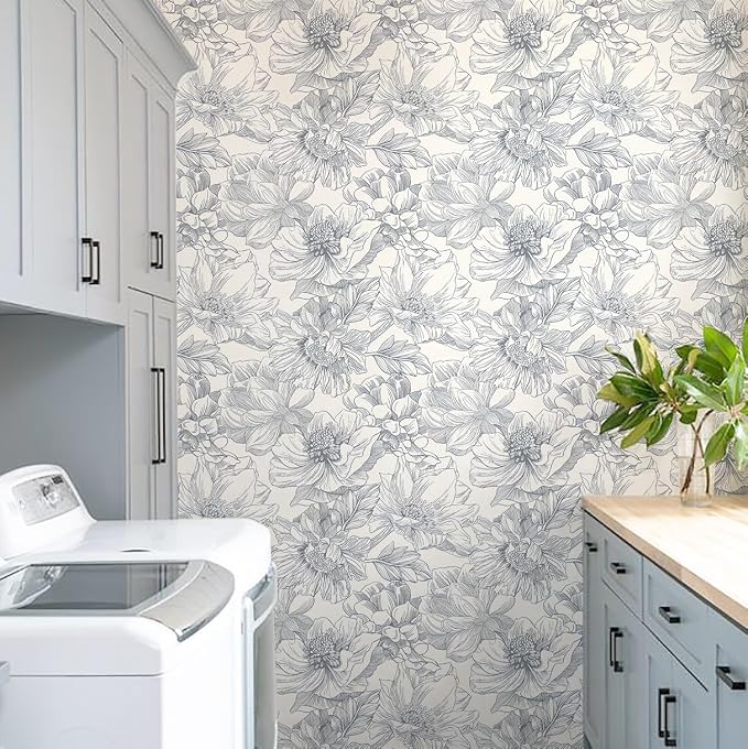 197"x17.3"Grey Floral Line Contact Paper Retro Wallcovering for Living Room