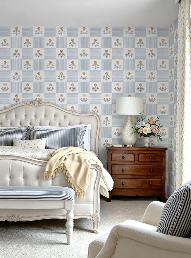 Guvana Blue Floral Peel and Stick Wallpaper Boho Contact Paper Vintage Floral Self-Adhesive Removable Waterproof Wallpaper Renter Friendly 394"×17.3" for Bedroom Livingroom Hallway Cabinets Drawer