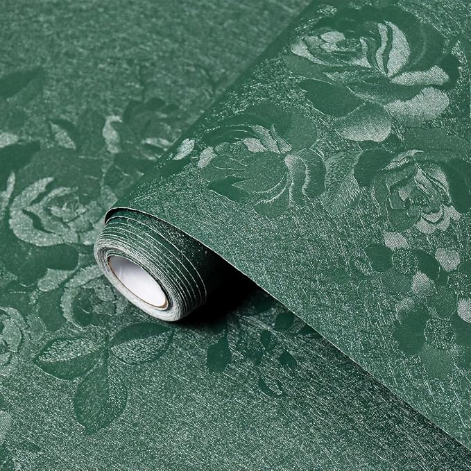 Dark Green Wallpaper Silk Embossed Texture Contact Paper 118in17.7in | Emerald Green Floral Wallpaper,Thicken Self Adhesive Removable,Used for Cabinet Kitchen Bedroom Bathroom Waterproof WallDecor