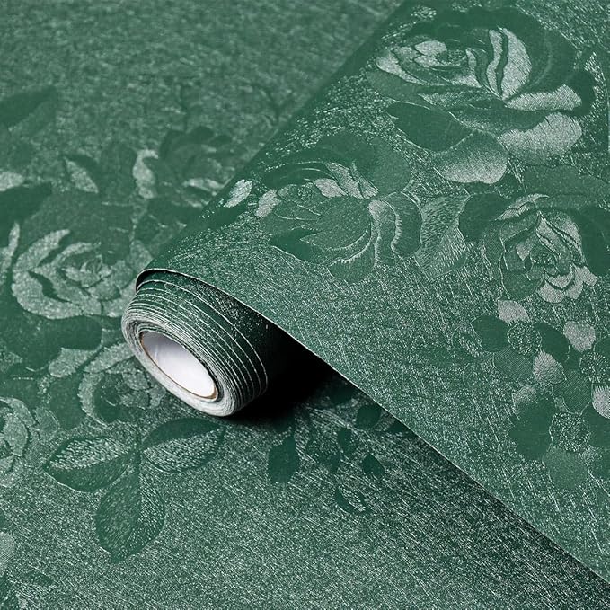 Dark Green Wallpaper Silk Embossed Texture Contact Paper 197in17.7in | Emerald Green Floral Wallpaper,Thicken Self Adhesive Removable,Used for Cabinet Kitchen Bedroom Bathroom Waterproof WallDecor
