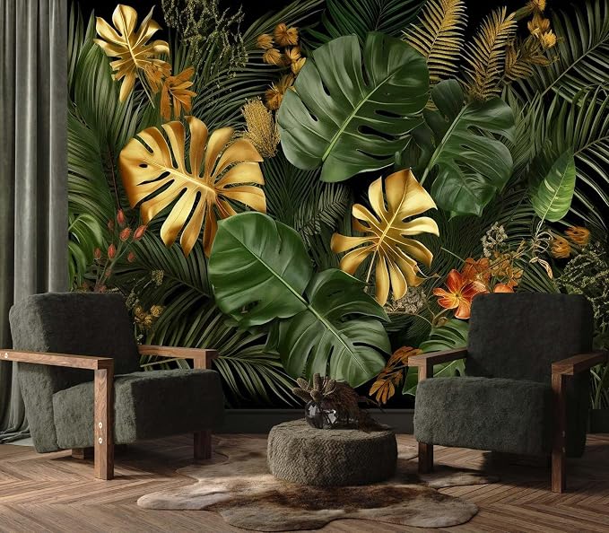 Jdayda Gold and Green Monstera Leaf Wallpaper Tropical Jungle Banana Leaves | 106"x75" Not Self-Adhesive Wall Mural for Living Room Bedroom