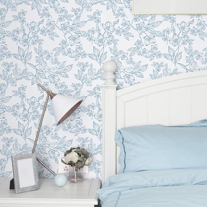 Ismoon Vintage Floral Peel and Stick Wallpaper White and Blue Wallpapaer Contact Paper Thicken Removable Textured Self Adhesive Wall Paper for Bedroom 17.3x393in