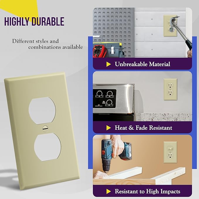 Duplex Wall Plates Kit by Enerlites 8821-I Home Electrical Outlet Cover, 1-Gang Standard Size, Unbreakable Polycarbonate Material, Ivory- 10 Pack Dual Port Replacement Receptacle Faceplates