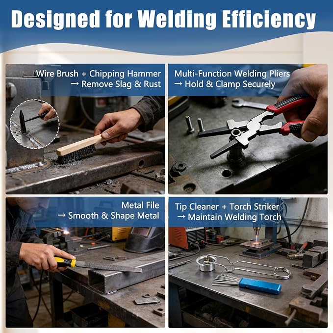Welding Accessories Kit, 20-Piece Welding Tool Set with Storage Bag, Chipping Hammer, Leather Welding Gloves, Soapstone Holder, Wire Brush, Fillet Gauge, Pliers, Adjustable Wrench, Half-Round File
