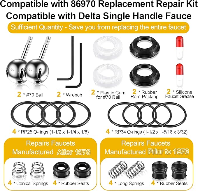Enhon Faucet Cartridge Repair Kit, Compatible with Deltal/Perless 86970 Single Handle Faucet, #70 Ball Valves and Lever Handles, Fix Dripping Faucets, Stainless Steel(2 Packs)