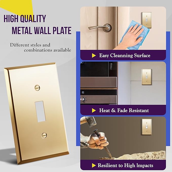 ENERLITES Toggle Light Switch Metal Wall Plate, Stainless Steel Switch Cover, Corrosion Resistant, Standard Size 1-Gang 4.50" x 2.76", Stainless Steel 201, 7711-PB, Polished Brass, Gold