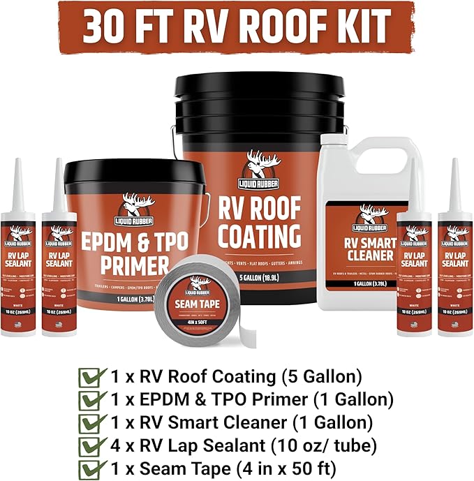 Liquid Rubber RV Roof Coating 30 Ft Leak Repair Kit – Solar Reflective, Waterproof & Weatherproof Protection – Complete System with Sealer, EPDM Primer, Cleaner, Seam Tape & Lap Sealant